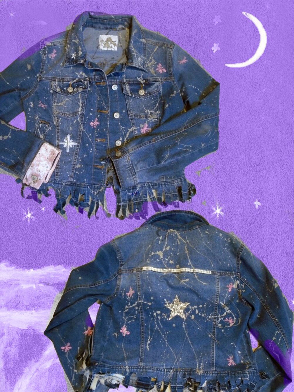 Celestial Denim Jacket Upcycled Fringed Jeans Bomber Rhinestones Pink Fireflies